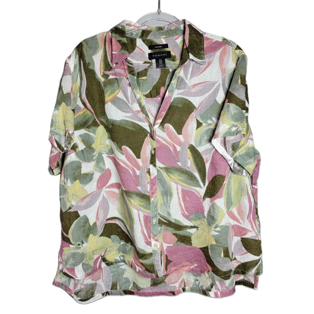 Tahari Womens 1X 100% Linen Floral Leaf Print Button Front High-Low Shirt Olive